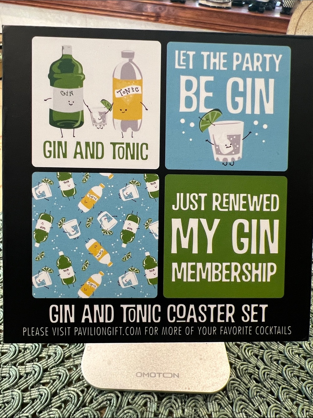 NWT Pavilion Gin and Tonic 4 piece Coaster Set 4” Square, Multicolor w/ box